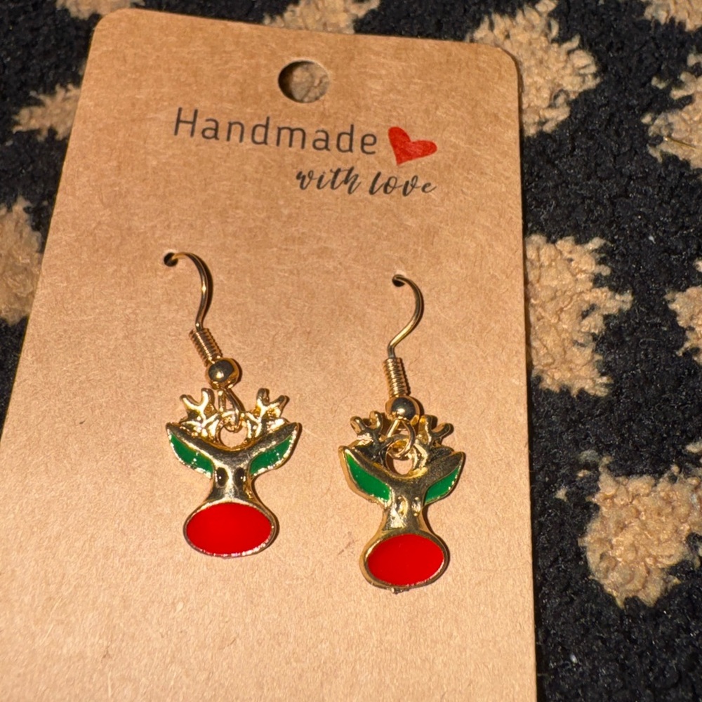 Handmade Gold and Red Reindeer Earrings